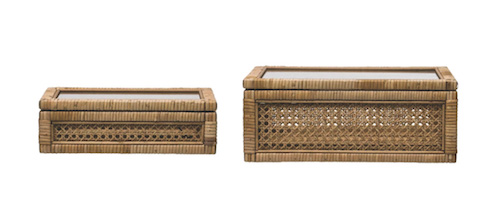 WOVEN RATTAN & WOOD DISPLAY BOX WITH GLASS LID SET